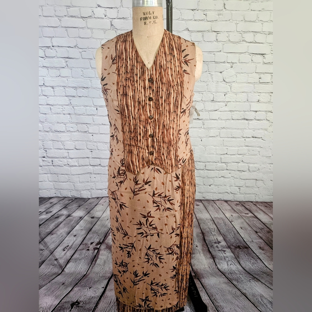 Doncaster NWOT Brown & Tan Bamboo Leaf Rayon & Flax Faux Wrap Skirt Size 18 - Picture 7 of 7